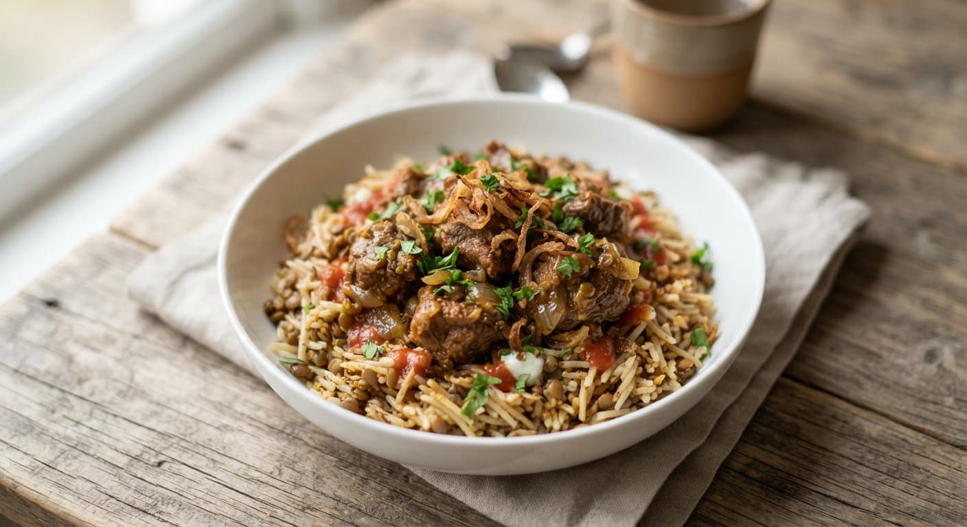 Mutton Koshari-Style Rice Bowl