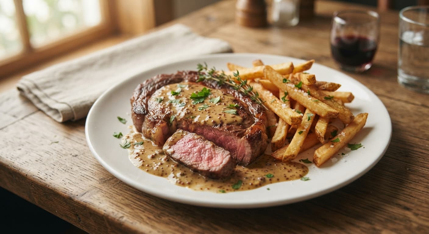 Steak Frites with Mustard Pan Sauce