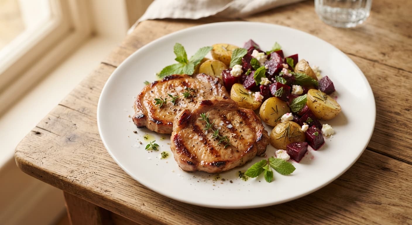 Pork Steaks with Minted Beetroot and Potatoes