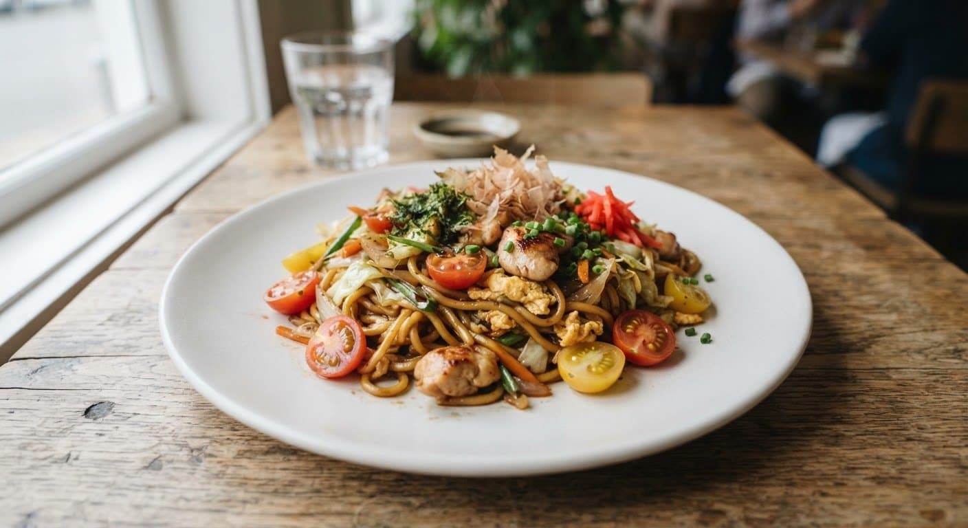 Chicken Yakisoba with Tomato and Egg